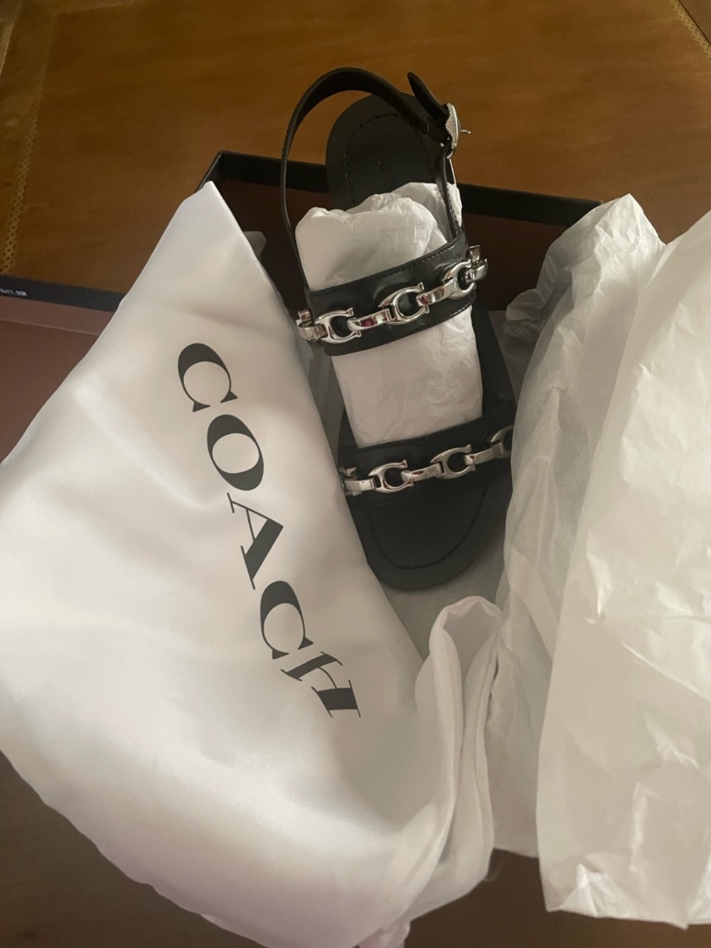 Coach Black Leather Sandal with Silver Chain Detail - Picture 8 of 10